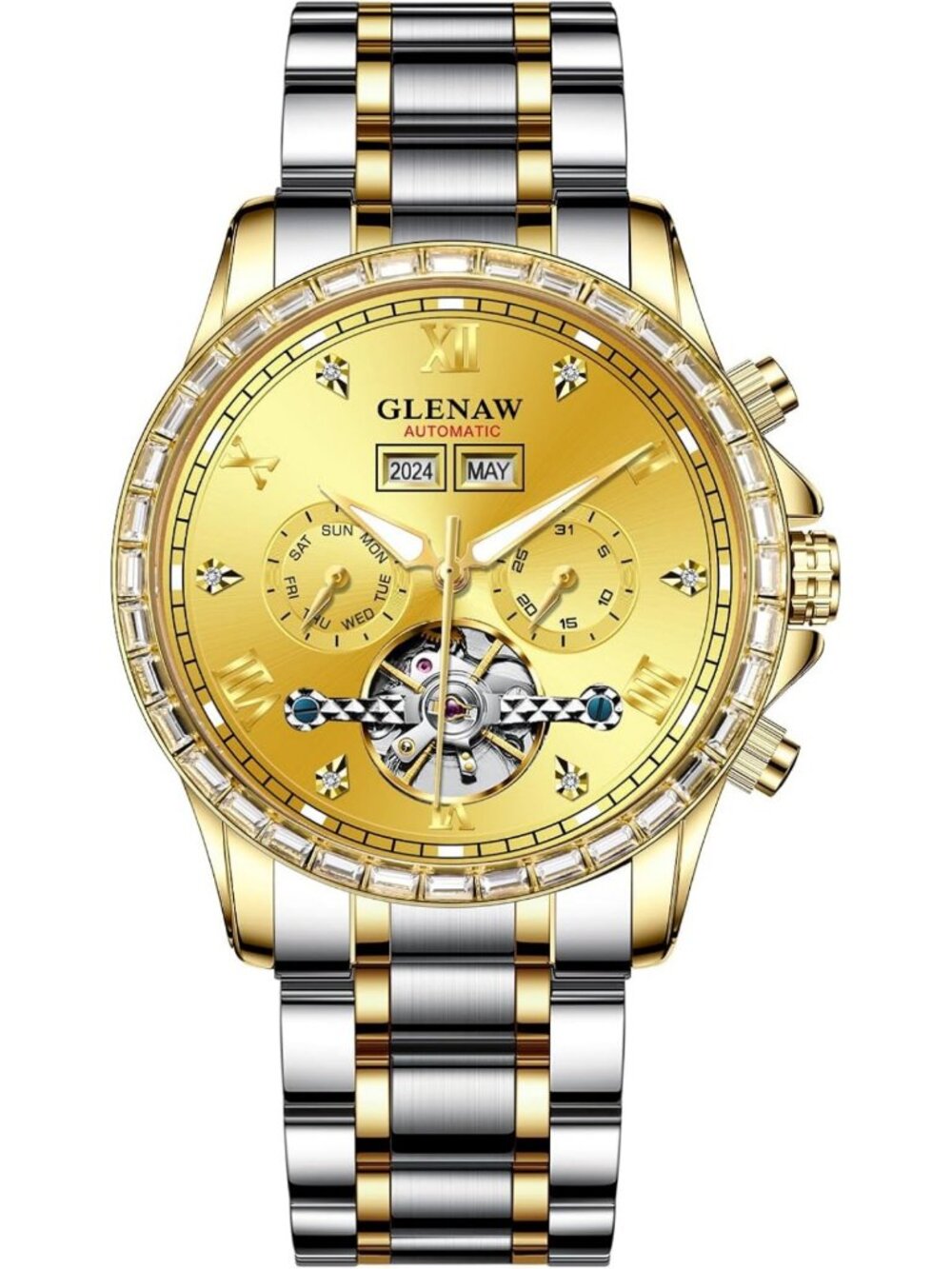 Luxury Automatic Men's Watch - Crystal Bezel, Mechanical Day Date, Luminous